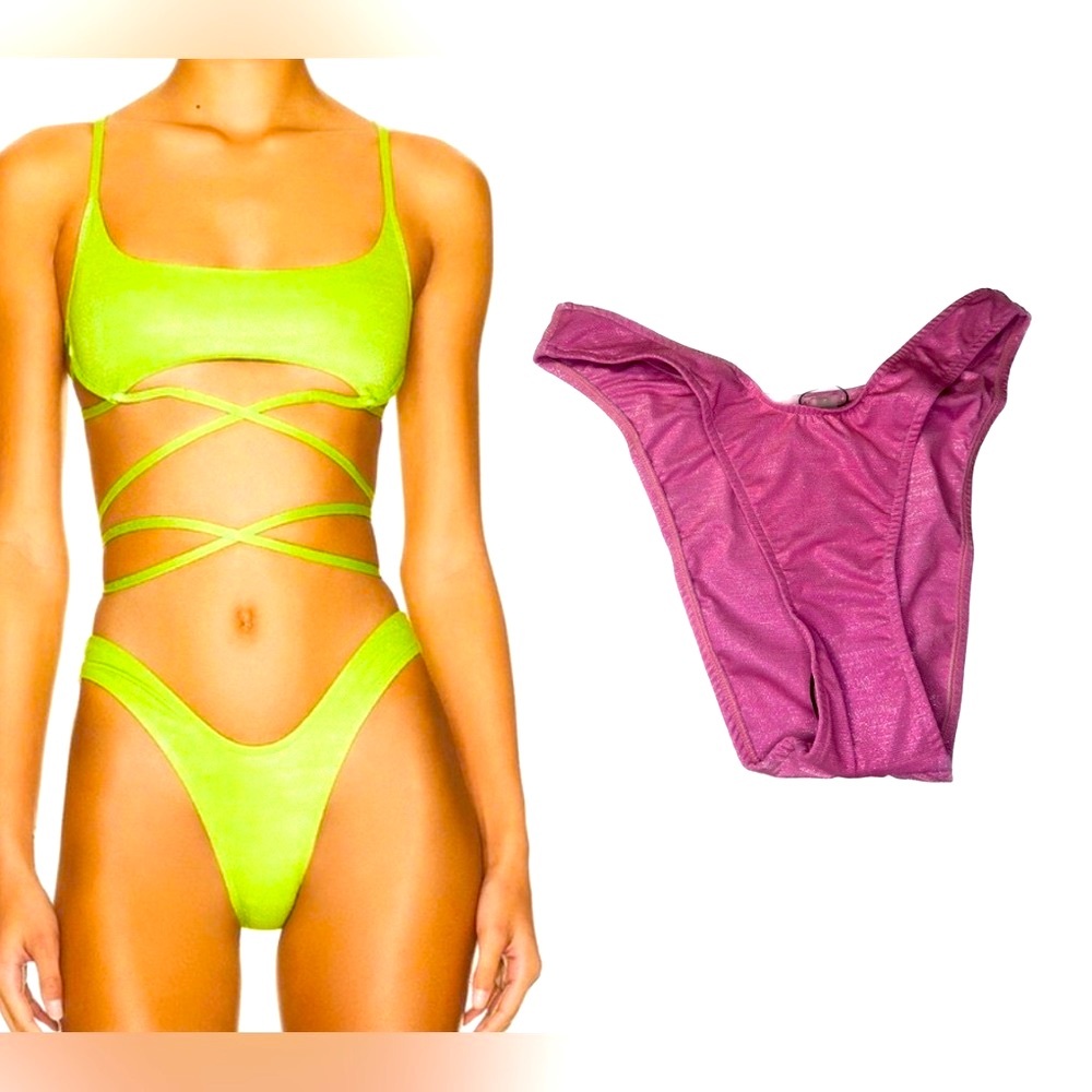 Monica Hansen Pink Lurex Brazilian Bikini Bottom Shimmer Swim NWT M